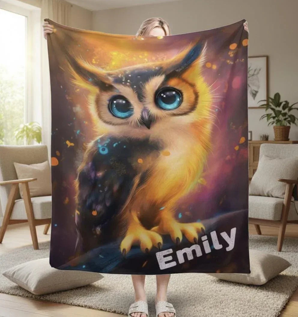 Personalized Cosmic Owl Blanket - Mystical Spirit Animal Throw, Custom Name Gift