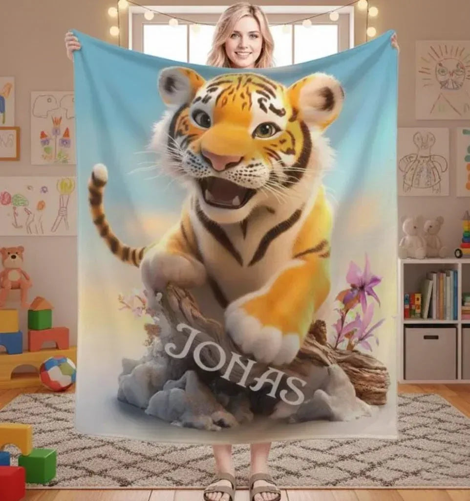 Personalized Tiger Blanket Soft: Wild Animal Jungle Theme Flannel Fleece Throw