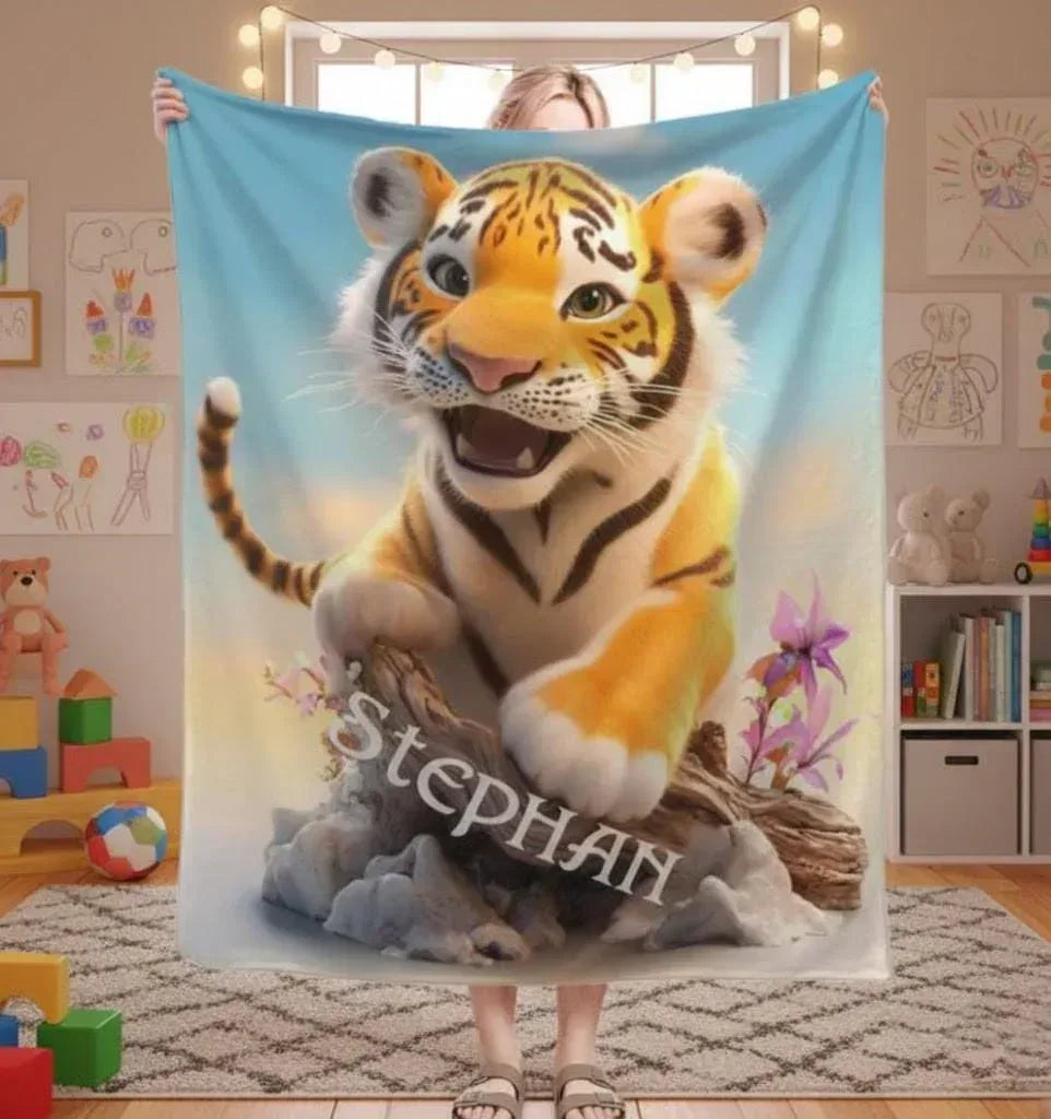 Personalized Tiger Blanket Soft: Wild Animal Jungle Theme Flannel Fleece Throw