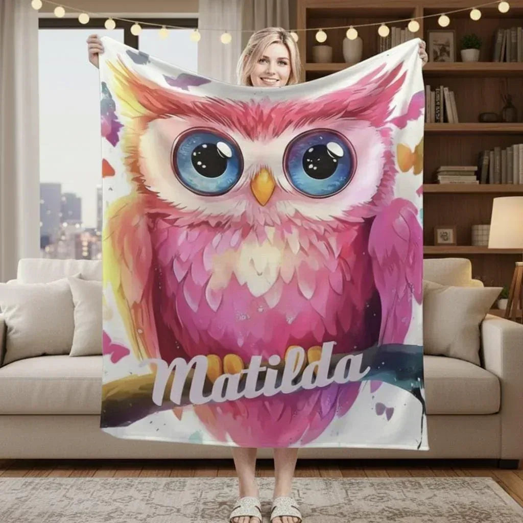 Personalized Pink Owl Bird Blanket: Flannel Fleece Throw, Super Soft Bedding Sofa Name Gift