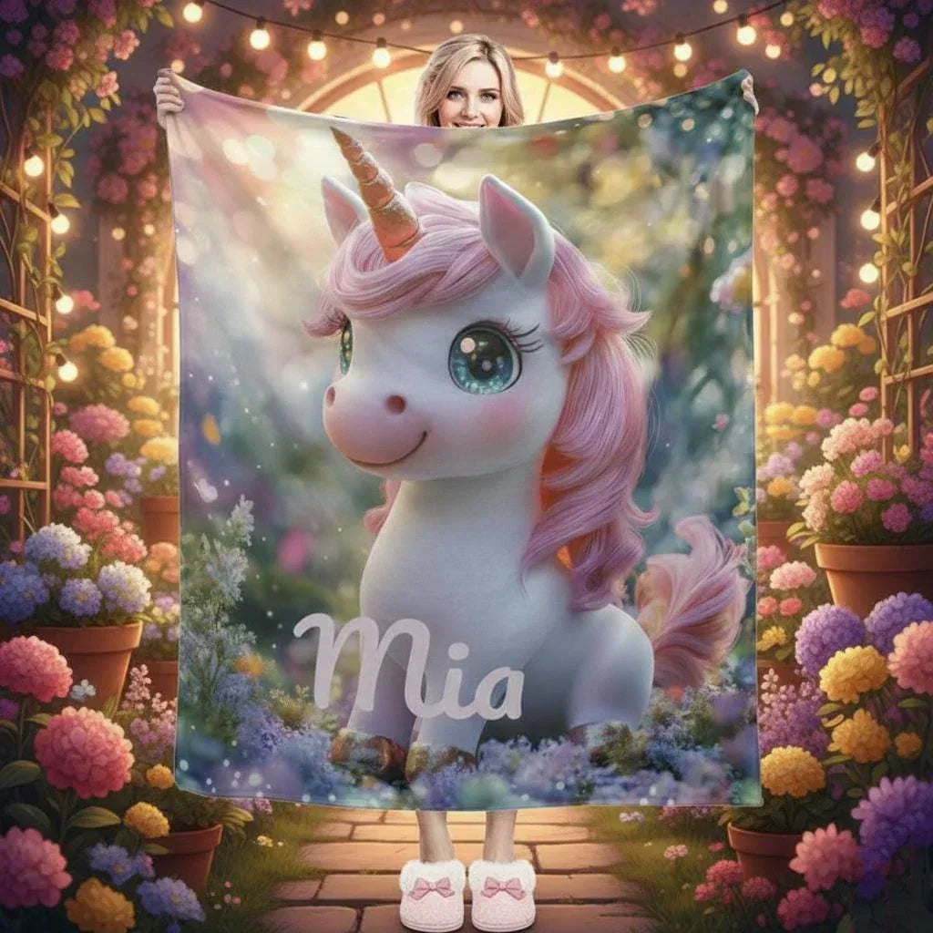 Personalized Unicorn Blanket - Magical Pink Flannel Fleece Throw Custom Name Kids Gift
