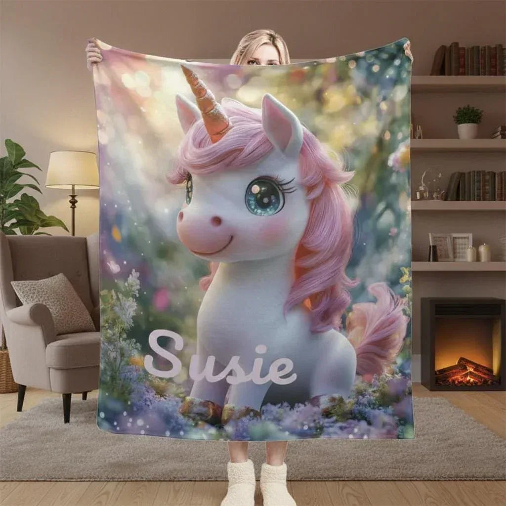 Personalized Unicorn Blanket - Magical Pink Flannel Fleece Throw Custom Name Kids Gift