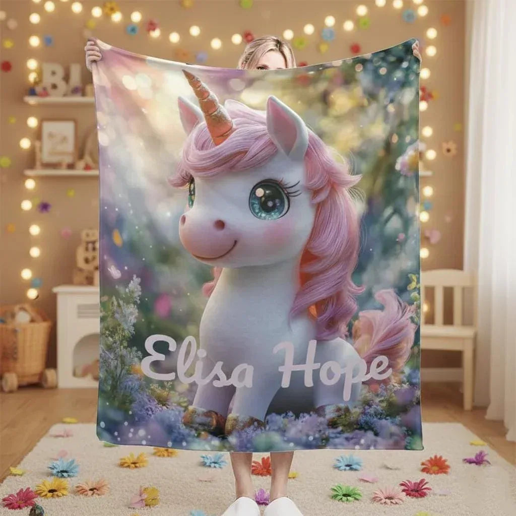 Personalized Unicorn Blanket - Magical Pink Flannel Fleece Throw Custom Name Kids Gift