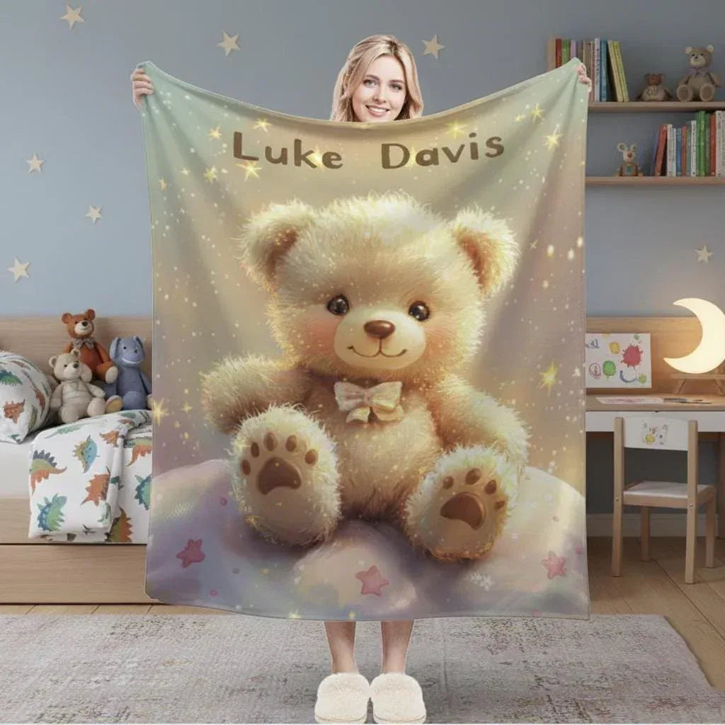 Personalized Teddy Bear Plush Blanket - Snuggly Throw Soft Flannel Fleece Custom Name Gift