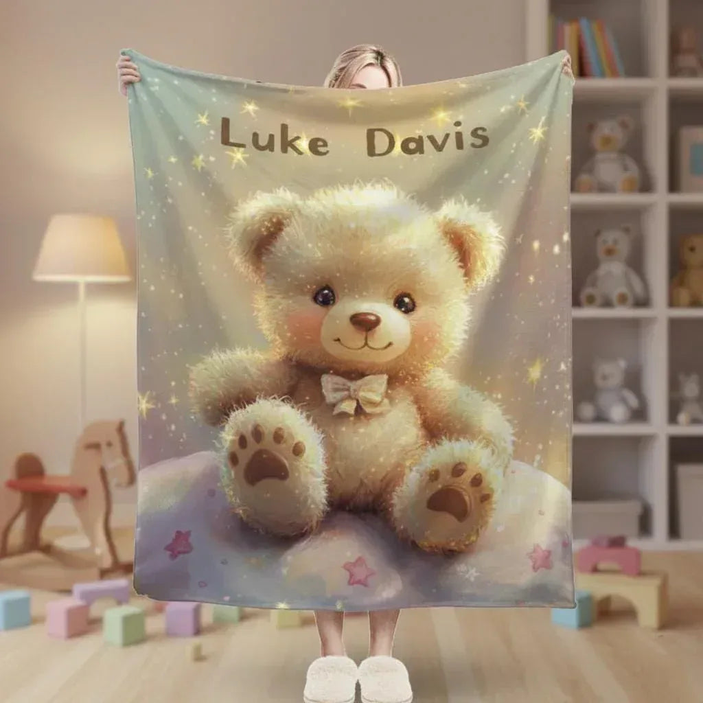 Personalized Teddy Bear Plush Blanket - Snuggly Throw Soft Flannel Fleece Custom Name Gift