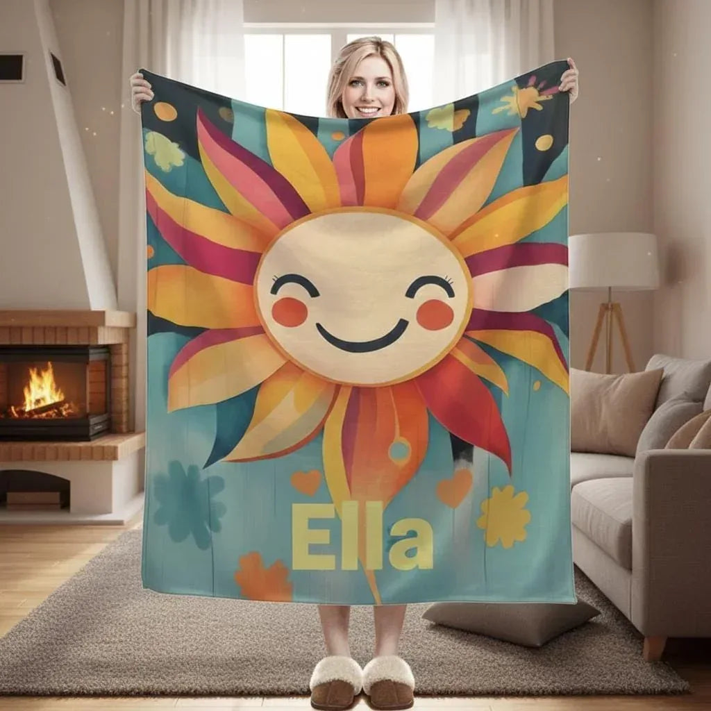 Personalized Sunny Sunshine Sunflower Blanket: Custom Name Gift, Flannel Fleece Throw