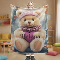 Personalized Snow Teddy Bear Plush Blanket: Flannel Fleece Snuggle Throw, Super Soft Name Gift