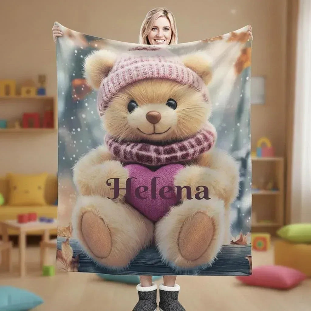 Personalized Snow Teddy Bear Plush Blanket: Flannel Fleece Snuggle Throw, Super Soft Name Gift
