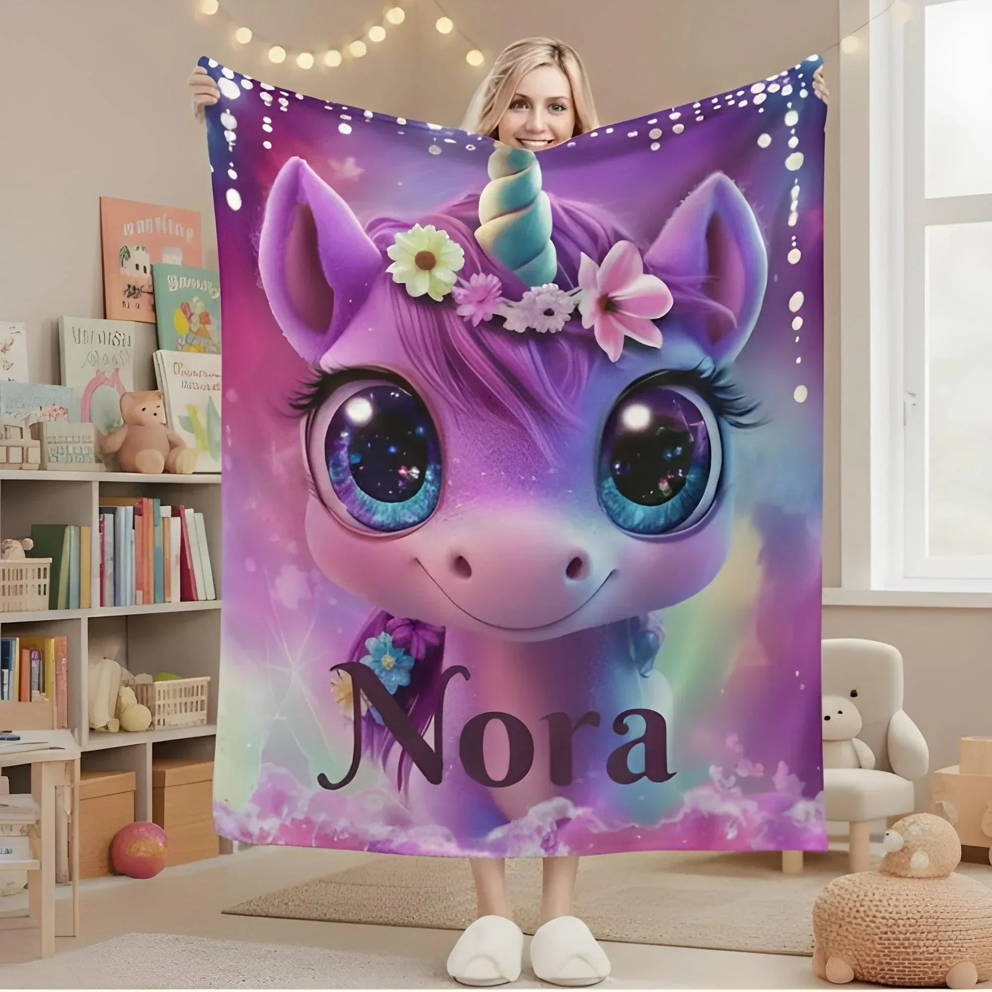 Personalized Unicorn Fleece Blanket: Purple Magical Floral Kids Throw, Super Soft Name Gift