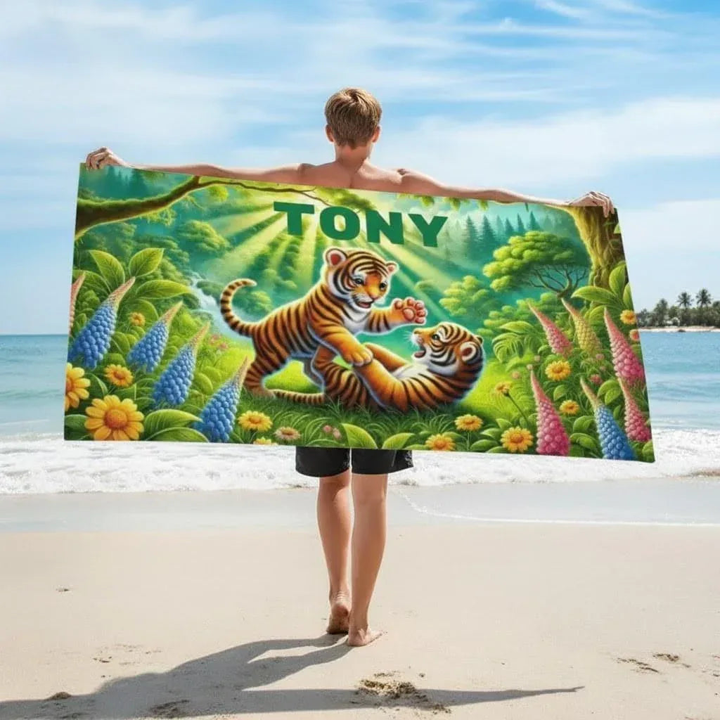 Personalized Jungle Tiger Beach Towel: Custom Name Microfiber Swimming Pool Towel