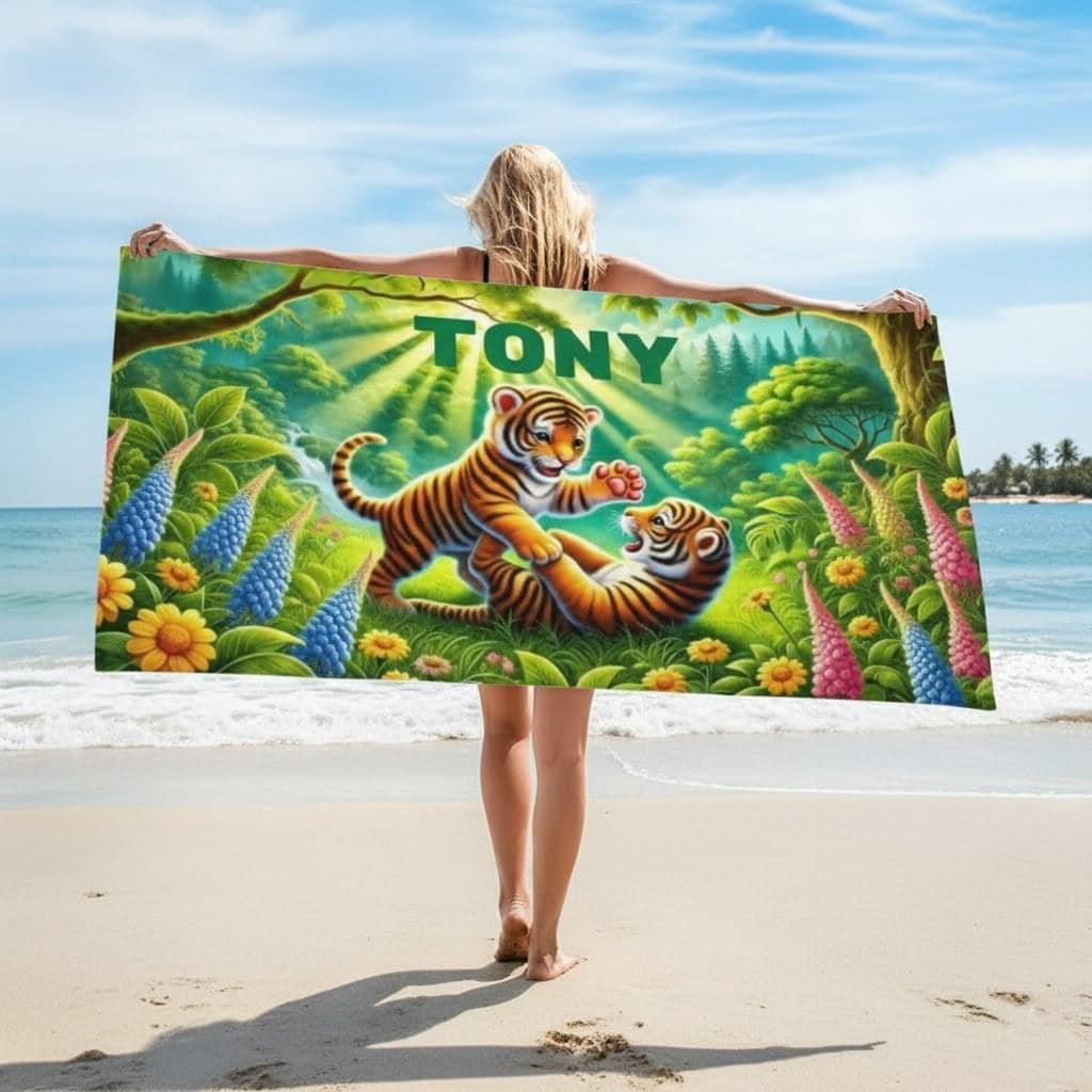 Personalized Jungle Tiger Beach Towel: Custom Name Microfiber Swimming Pool Towel