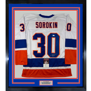 Framed Autographed/Signed Ilya Sorokin 35x39 New York White Hockey Jersey JSA COA