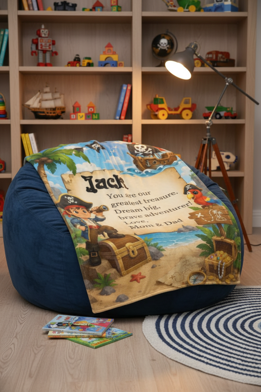 Personalized Pirate Treasure Throw Blanket for Kids | Soft Flannel Fleece Custom Name Gift