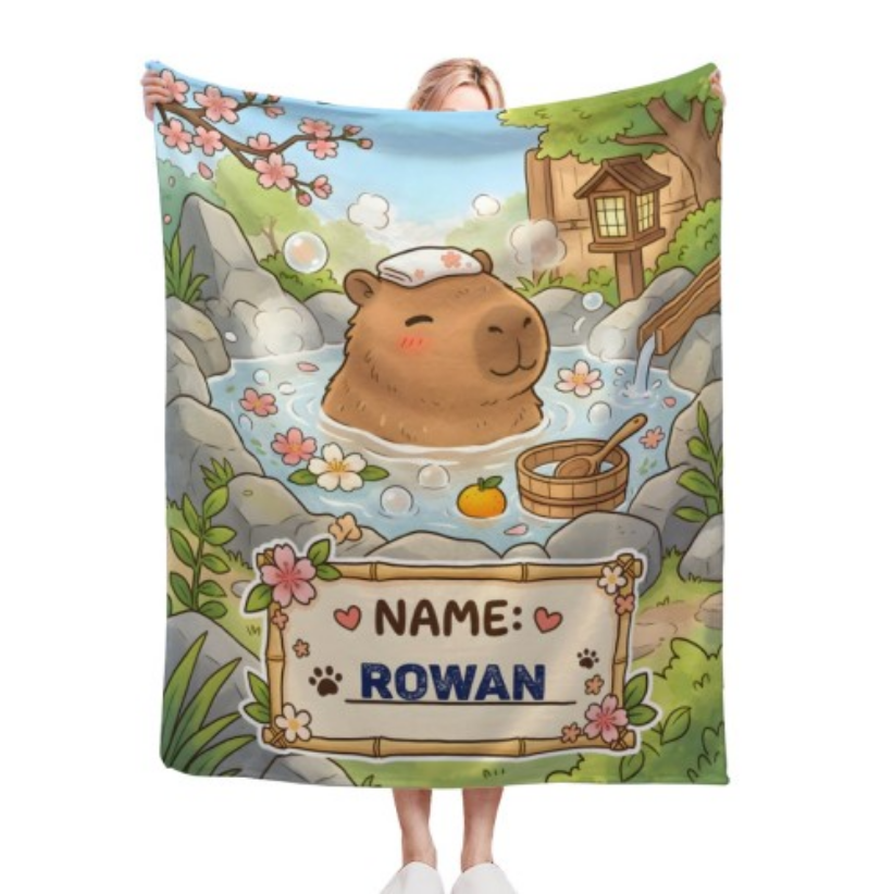 Personalized Capybara Hot Spring Blanket – Custom Name Gift