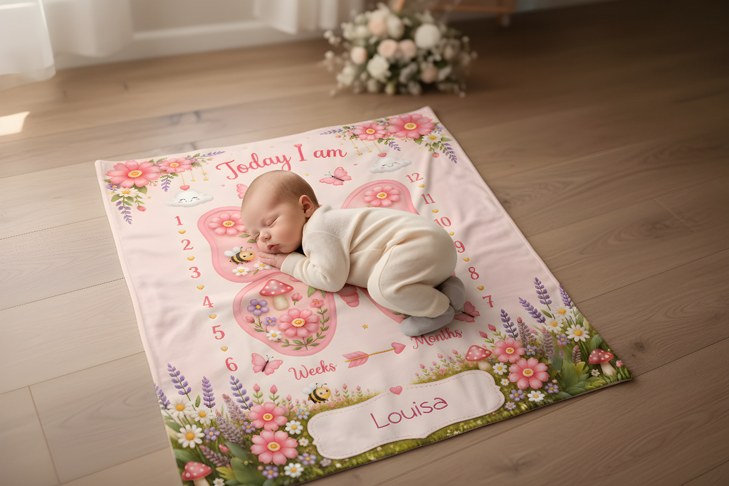 Personalized Baby Weekly & Monthly Milestone Blanket – Photoshoot Prop with Butterfly Garden Design