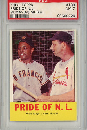 Graded 1963 Topps Pride of NL Willie Mays Stan Musial #138 Baseball Card PSA 7 Near Mint