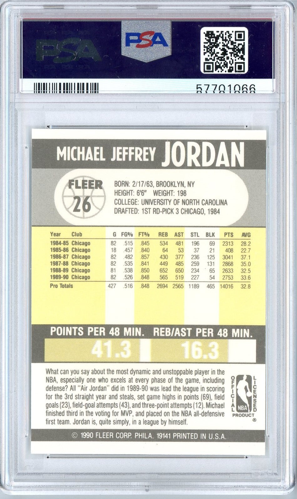 Graded 1990 Fleer Michael Jordan #26 Basketball Card PSA 8 Near Mint