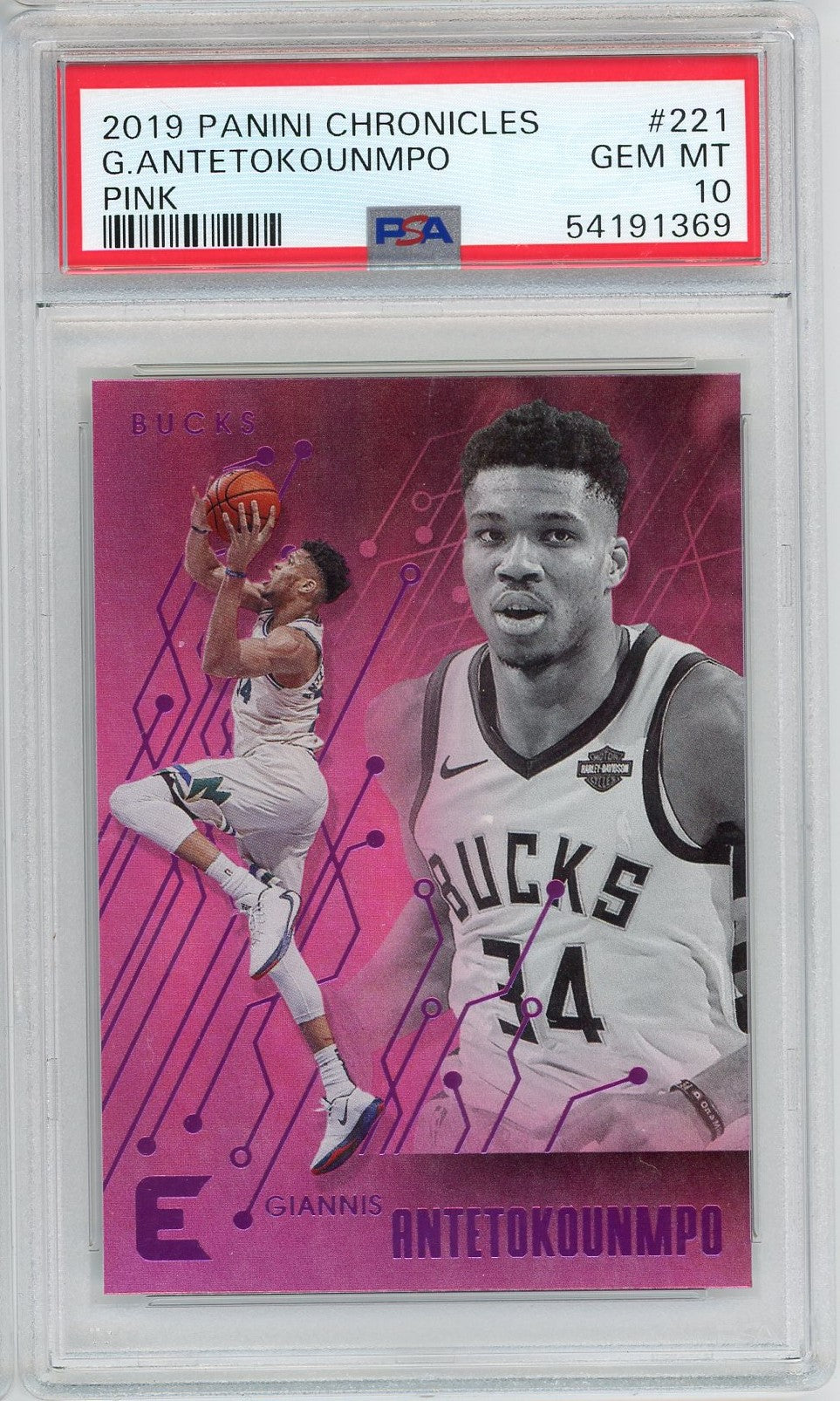 Graded 2019 Panini Chronicles Giannis Antetokounmpo #221 Pink Basketball Card PSA 10 Gem Mint