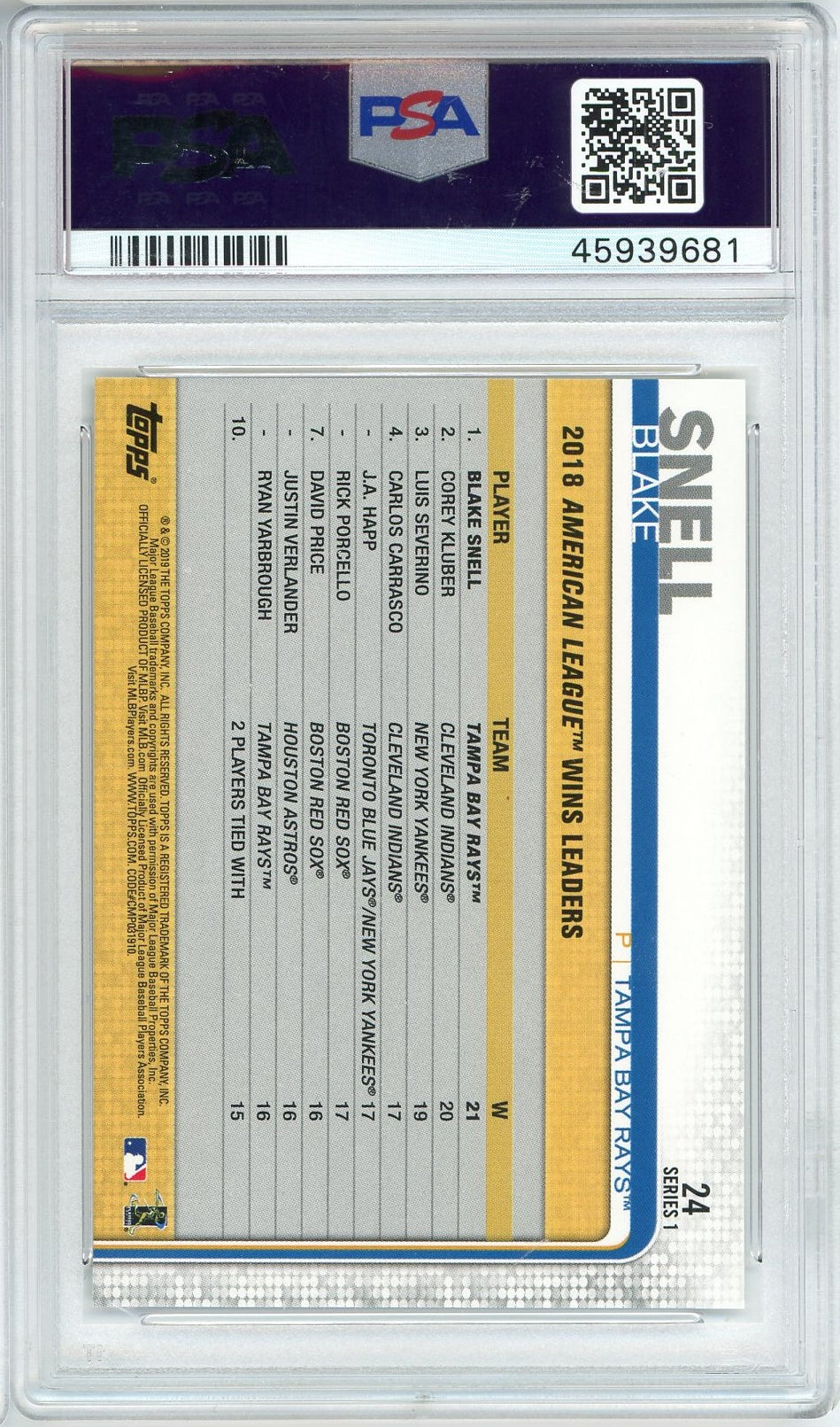 Graded 2019 Topps Complete Set Blake Snell #24 582 Montgomery Club Baseball Card PSA 10 Gem Mint