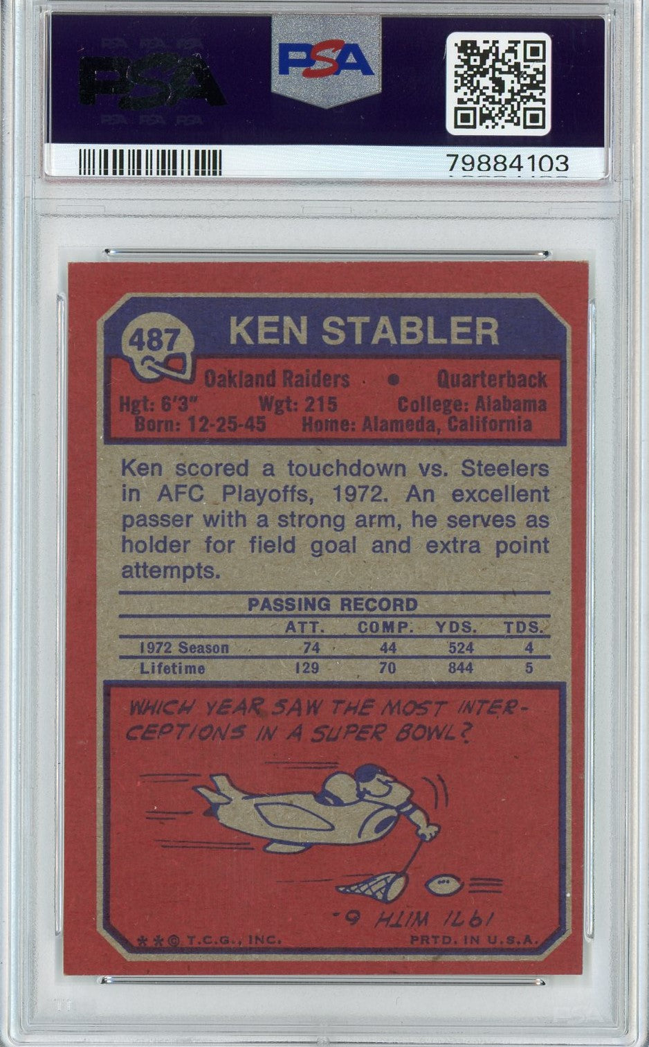 Graded 1973 Topps Ken Stabler #487 Football Card PSA 5 Excellent
