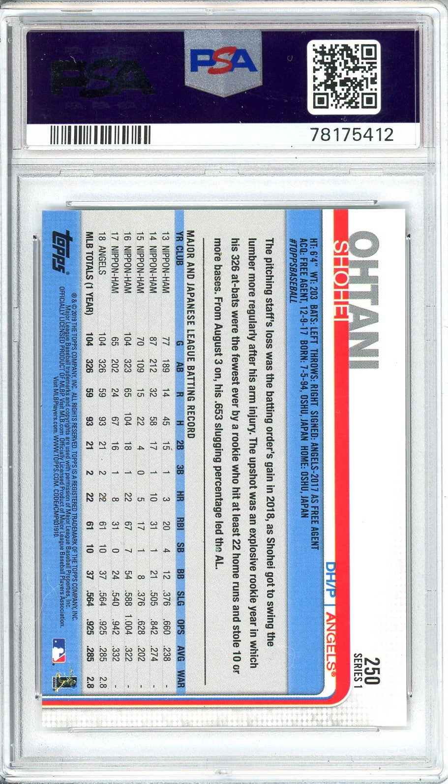 Graded 2019 Topps Shohei Ohtani #250 Swinging Rookie RC Baseball Card PSA 9 Mint