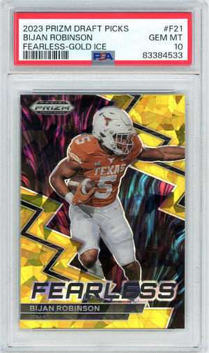 Graded 2023 Panini Prizm Bijan Robinson #F21 Fearless-Gold Ice Rookie RC Football Card PSA 10 Gem Mint