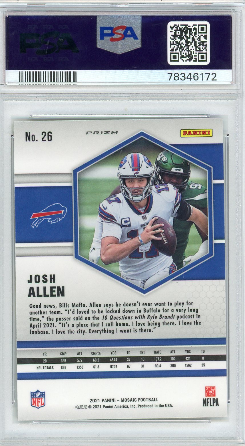 Graded 2021 Panini Mosaic Josh Allen #26 Reactive Yellow Football Card PSA 10 Gem Mint