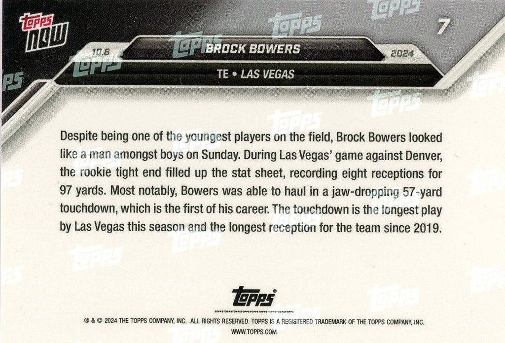 2024 Topps Now Brock Bowers #7 Purple #/25 Las Vegas Raiders Rookie RC Football Card