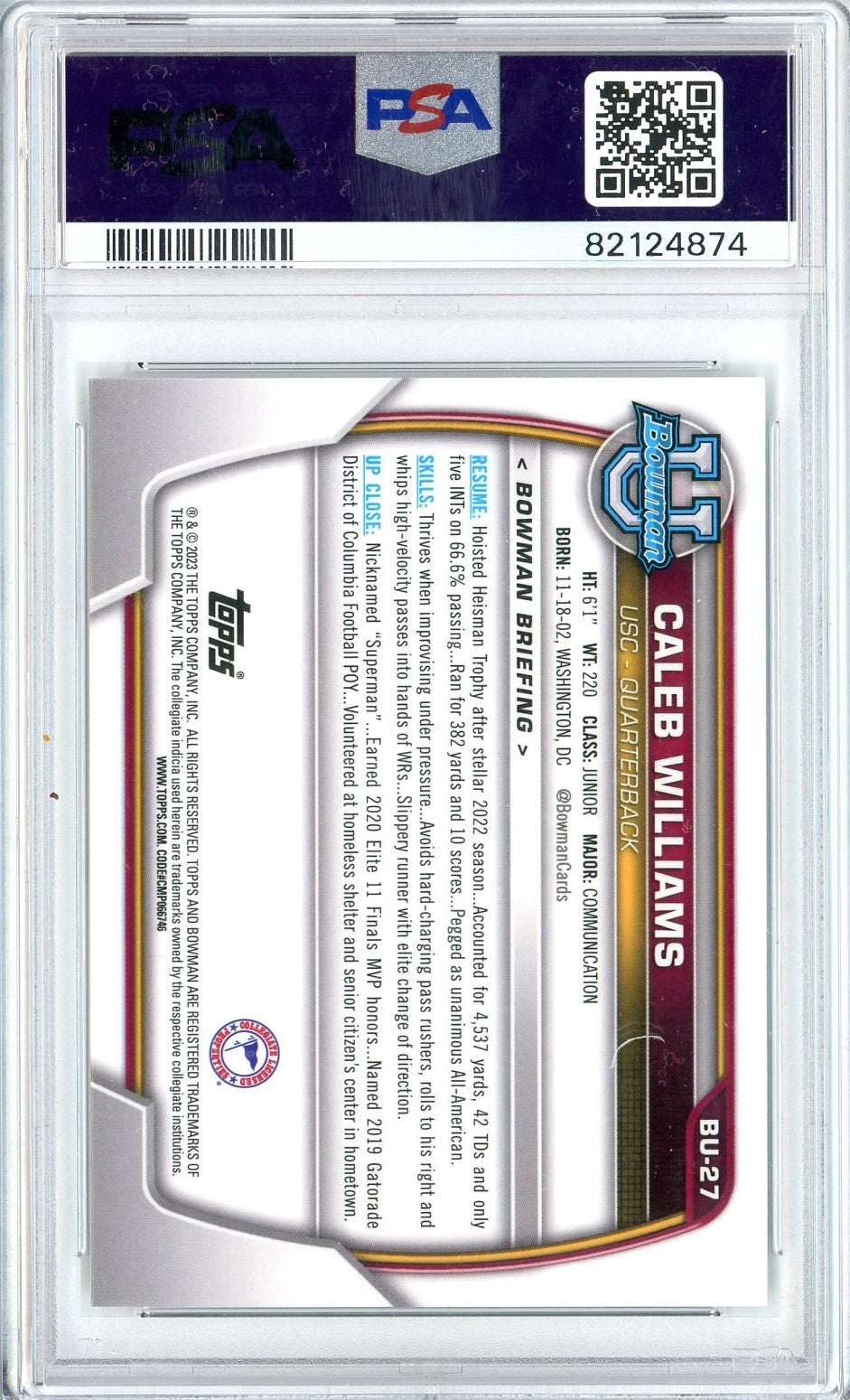 Graded 2023 Topps Bowman Chrome U NSCC Caleb Williams #27 Rookie RC Football Card PSA 10 Gem Mint