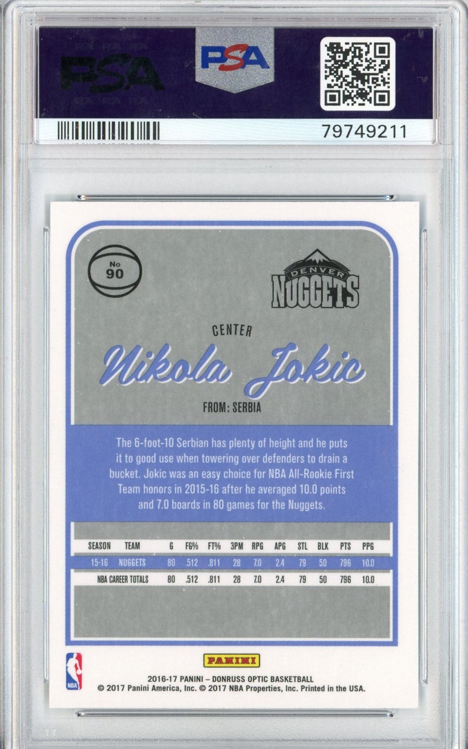Graded 2016 Panini Donruss Optic Nikola Jokic #90 Basketball Card PSA 9 Mint
