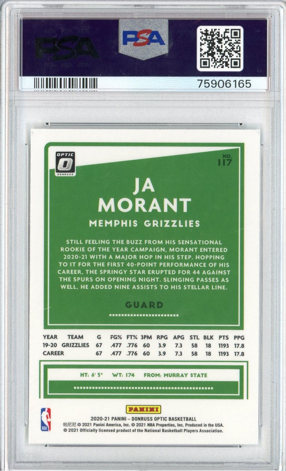 Graded 2020 Donruss Optic Ja Morant #117 Basketball Card PSA 10 Gem Mint