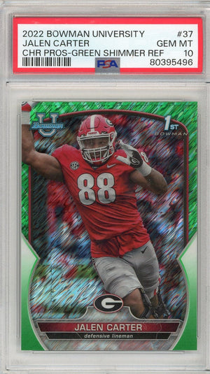 Graded 2022 Bowman University Jalen Carter #37 Chrome Green Shimmer Rookie RC Football Card PSA 10
