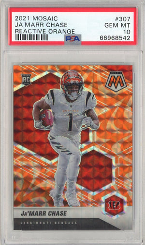 Graded 2021 Panini Mosaic Ja'Marr Chase #307 Reactive Orange Rookie RC Football Card PSA 10 Gem Mint