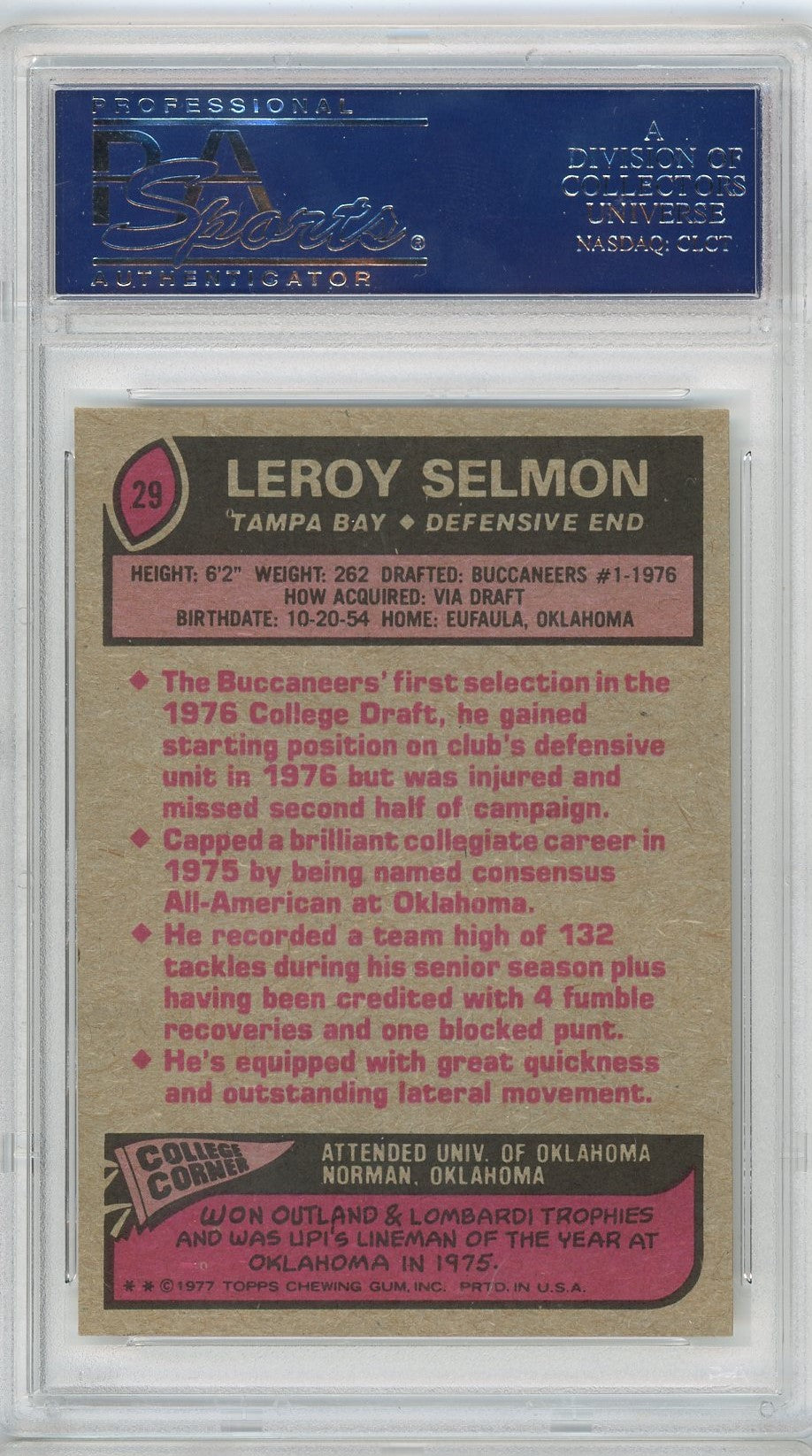 Graded 1977 Topps Leroy Lee Roy Selmon #29 Rookie RC Football Card PSA 8 NM-MT