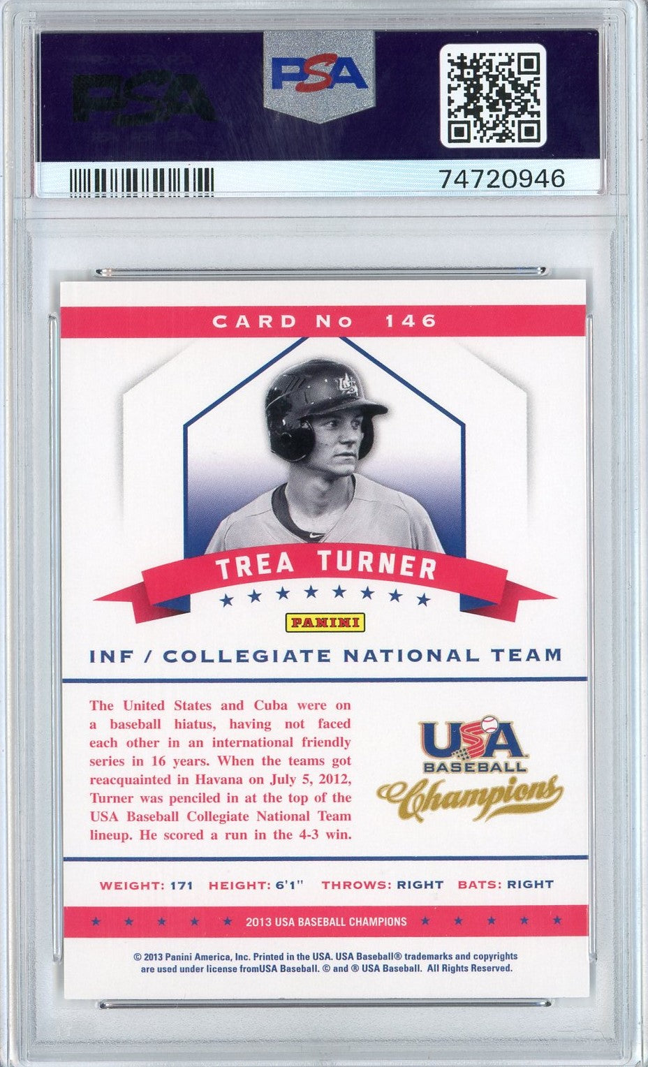 Graded 2013 Panini USA BB Champs Trea Turner #146 Mirror Red Rookie RC Baseball Card PSA 10 Gem Mint