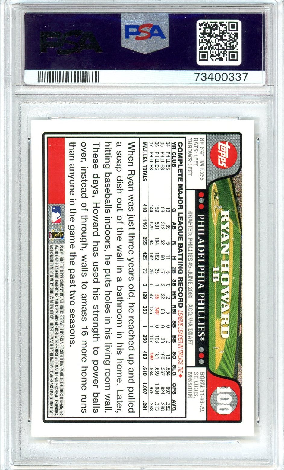 Graded 2008 Topps Ryan Howard #100 Baseball Card PSA 10 Gem Mint