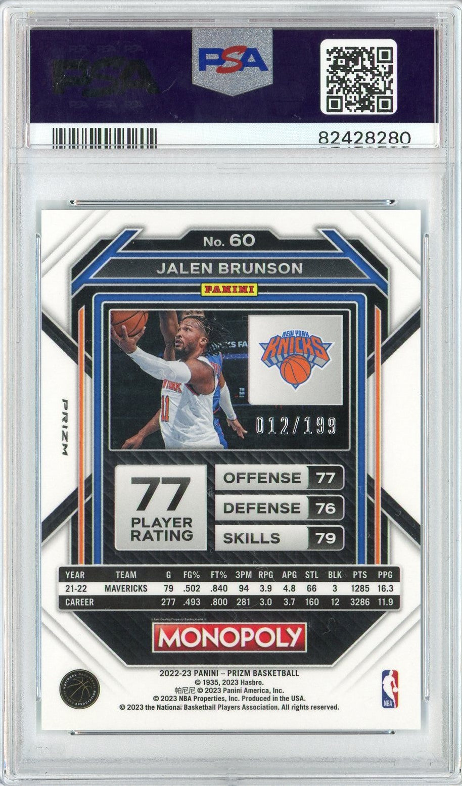 Graded 2022 Prizm Monopoly Jalen Brunson #60 Light Blue Basketball Card PSA 10 Gem Mint