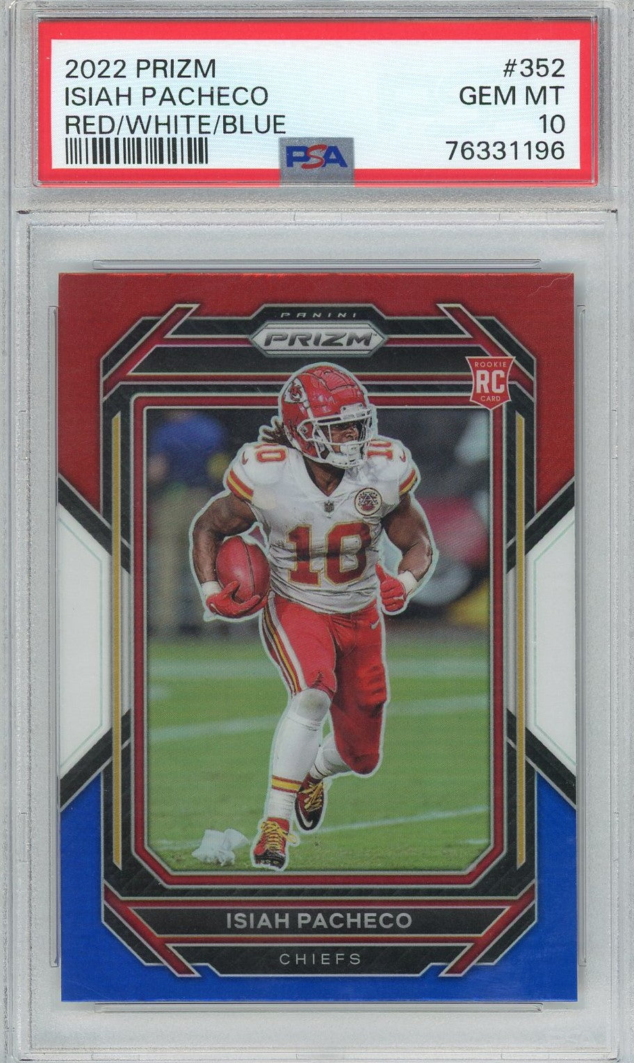 Graded 2022 Panini Prizm Isiah Pacheco #352 Red/White/Blue Rookie RC Football Card PSA 10 Gem Mint