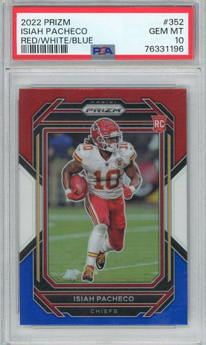 Graded 2022 Panini Prizm Isiah Pacheco #352 Red/White/Blue Rookie RC Football Card PSA 10 Gem Mint