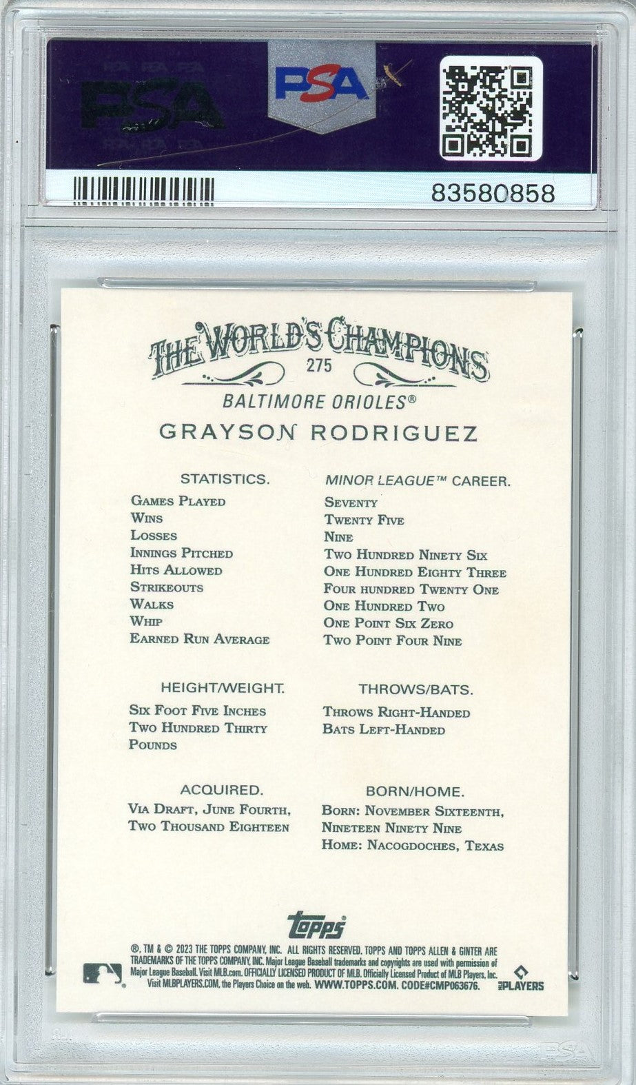 Graded 2023 Allen & Ginter Grayson Rodriguez #275 Rookie RC Baseball Card PSA 10 Gem Mint