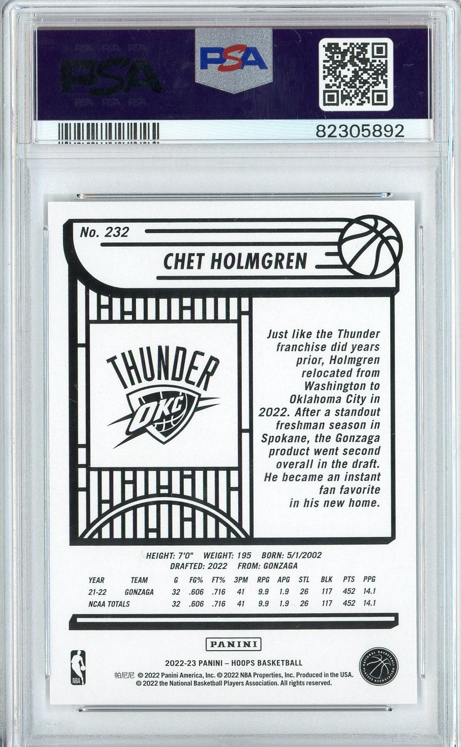 Graded 2022 Panini NBA Hoops Chet Holmgren #232 Rookie RC Basketball Card PSA 10 Gem Mint