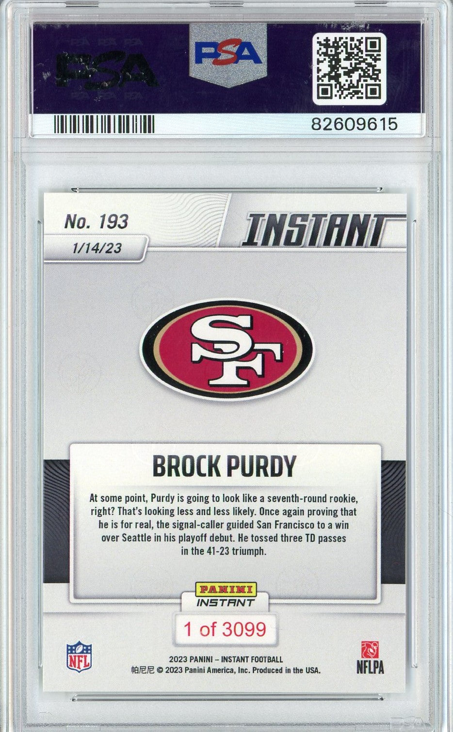 Graded 2022 Panini Instant Brock Purdy #193 Rookie RC Football Card PSA 10 Gem Mint