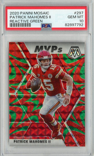 Graded 2020 Panini Mosaic Patrick Mahomes II #297 Reactive Green Football Card PSA 10 Gem Mint