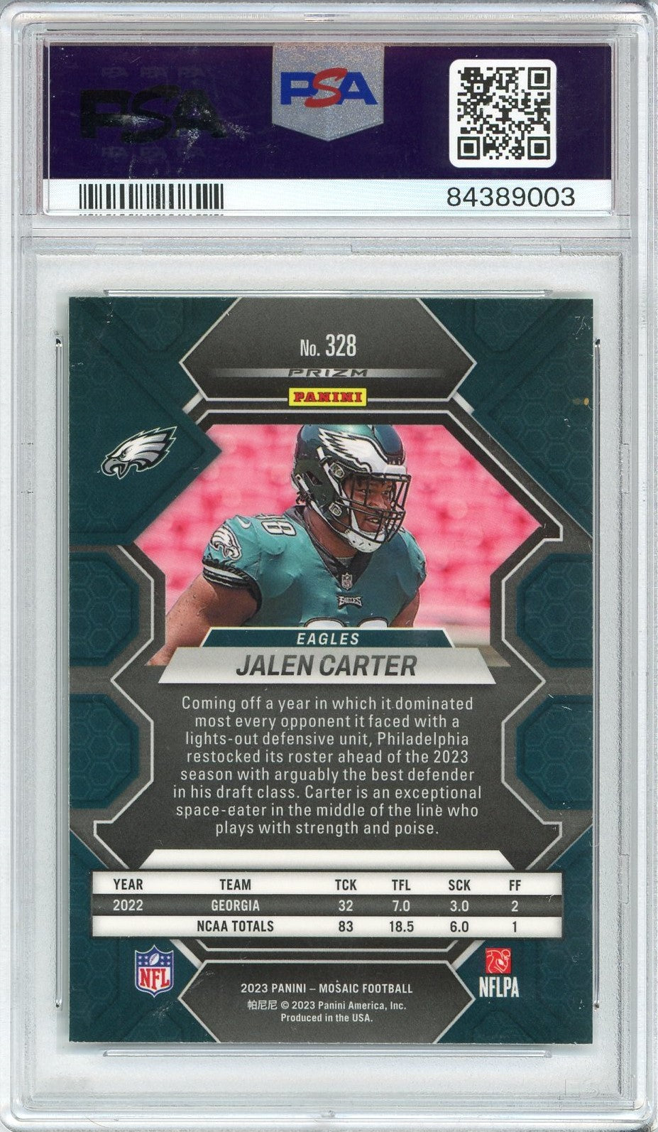 Graded 2023 Panini Mosaic Jalen Carter #328 Green Rookie RC Football Card PSA 10