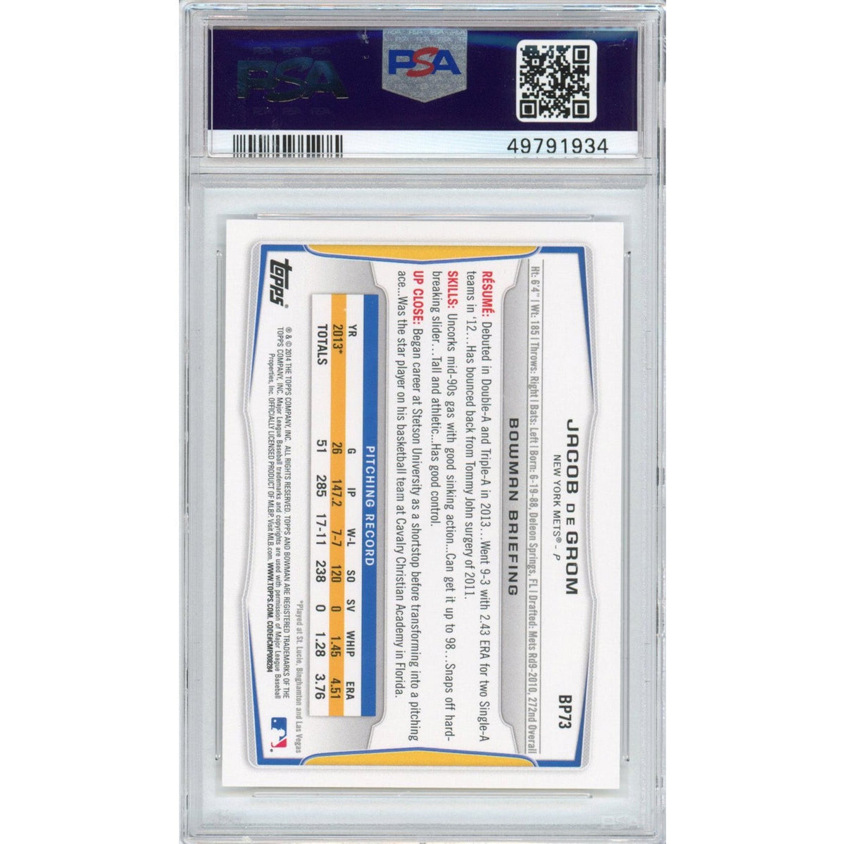 Graded 2014 Topps Bowman Prospects Jacob DeGrom #BP73 Rookie RC Baseball Card PSA 10 Gem Mint