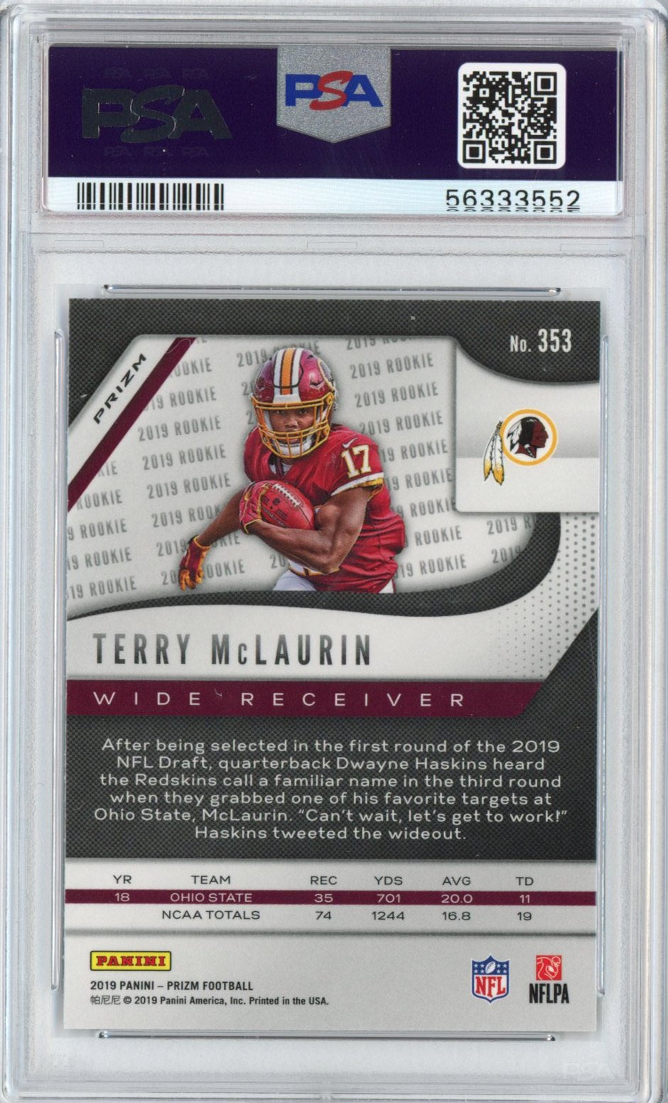 Graded 2019 Panini Prizm Terry McLaurin #353 Red White Blue Rookie RC Football Card PSA 10 Gem Mint