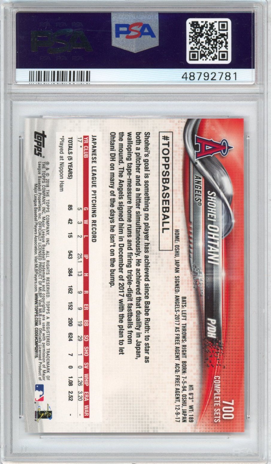 Graded 2018 Topps Complete Set Shohei Ohtani #700 Retail Rookie RC Baseball Card PSA 10 Gem Mint