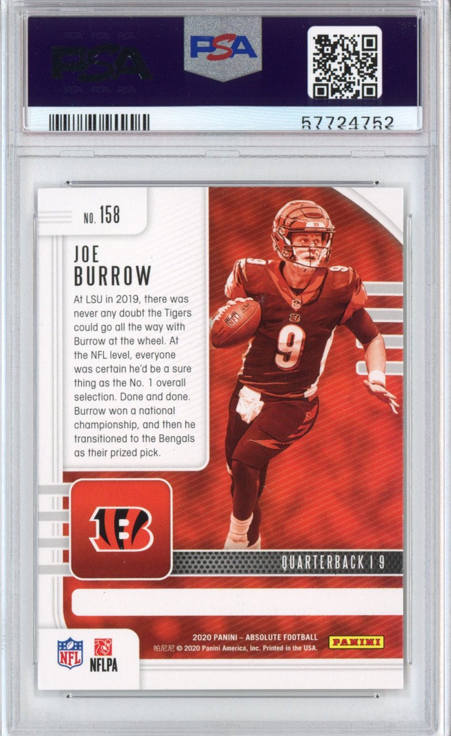 Graded 2020 Panini Absolute Joe Burrow #158 Red Rookie RC Football Card PSA 9 Mint
