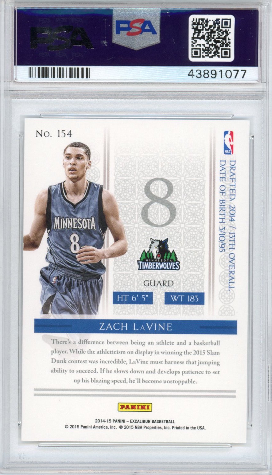 Graded 2014-15 Panini Excalibur Zach LaVine #154 Rookie RC Basketball Card PSA 10 Gem Mint