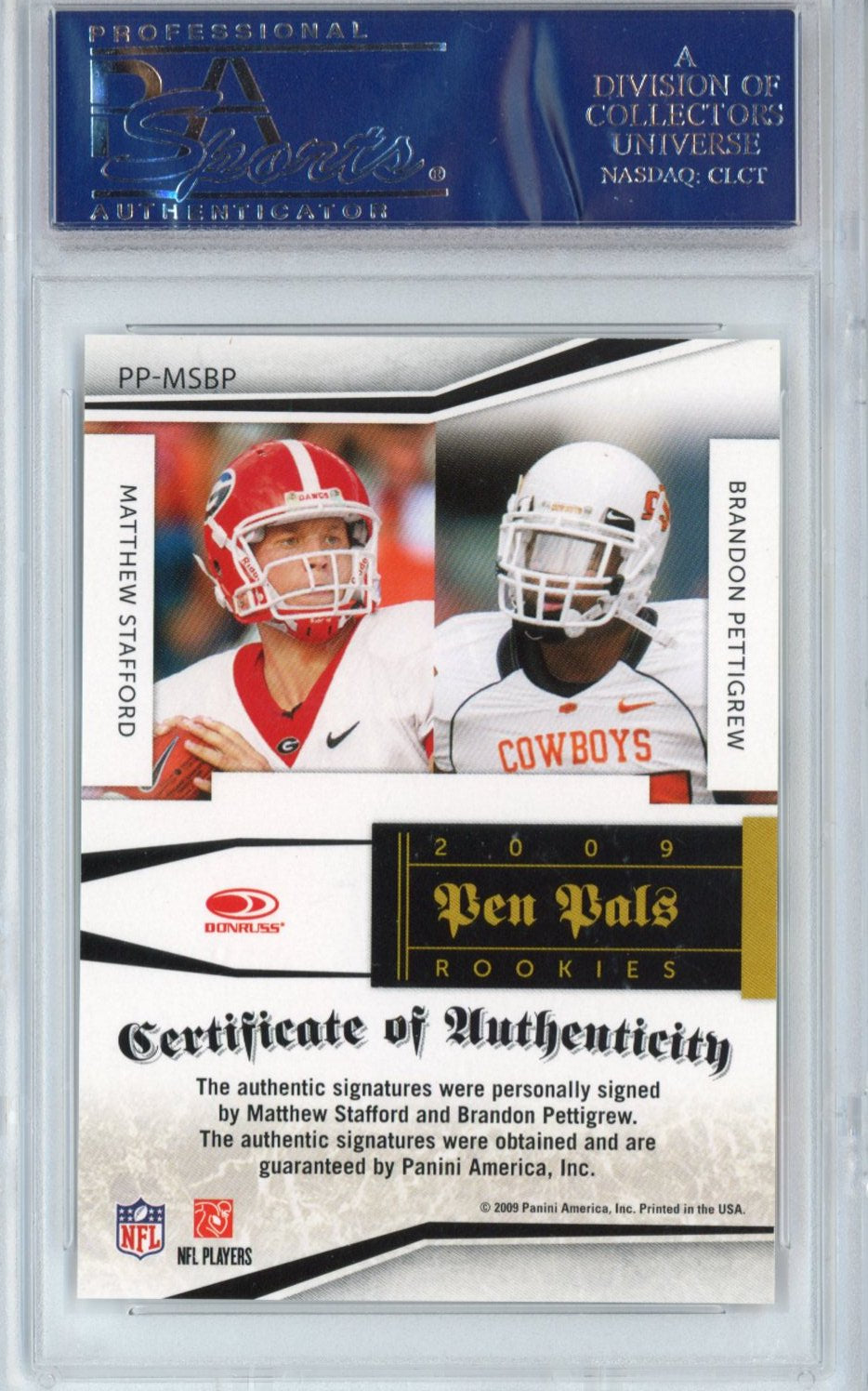 Graded 2009 Panini Playoff National Treasures Matthew Stafford Brandon Pettigrew #MSBP Pen Pals Rookie RC Auto Football Card PSA 10 Gem Mint